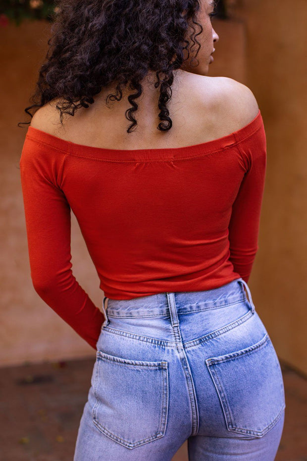 It's A Good Day Rust Off The Shoulder Bodysuit