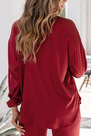 Red Satin Button Up and Pants Set