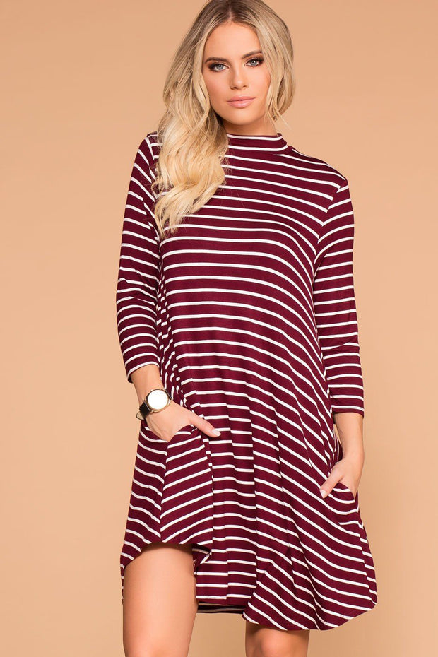 Burgundy Striped Shift Pocket Dress
