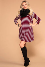 Burgundy Striped Shift Pocket Dress
