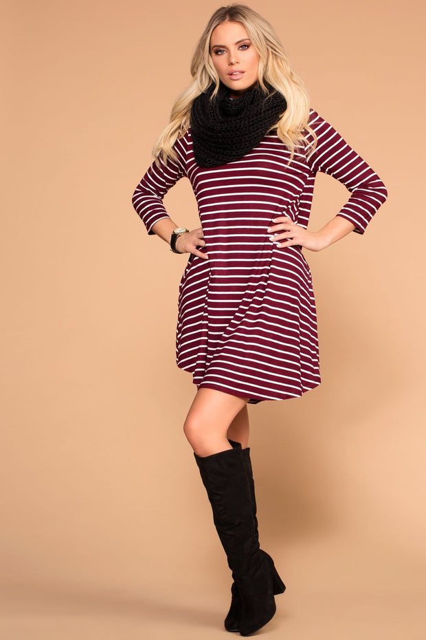Burgundy Striped Shift Pocket Dress