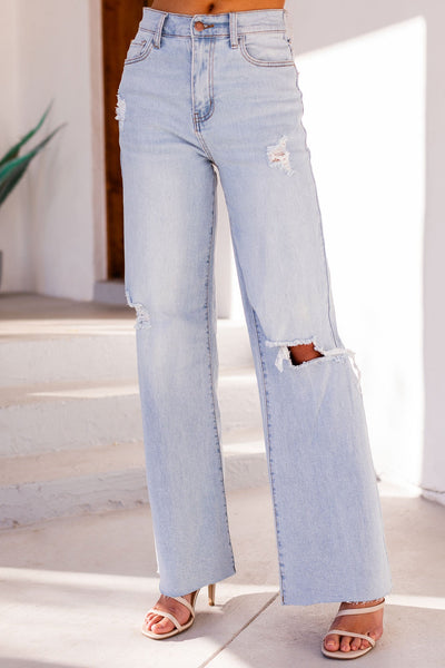 Straight Cut Distressed Denim Jeans
