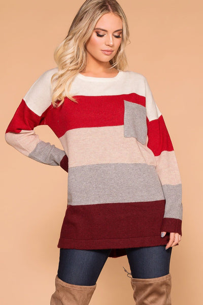 Karina Burgundy Color Block Pocket Sweater Top | Active Basic