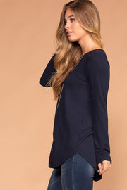 Priceless | Navy Round Neck Long Sleeve Knit Top | Womens