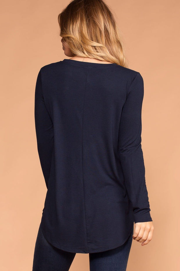 Priceless | Navy Round Neck Long Sleeve Knit Top | Womens