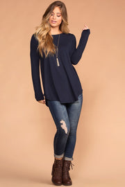 Priceless | Navy Round Neck Long Sleeve Knit Top | Womens