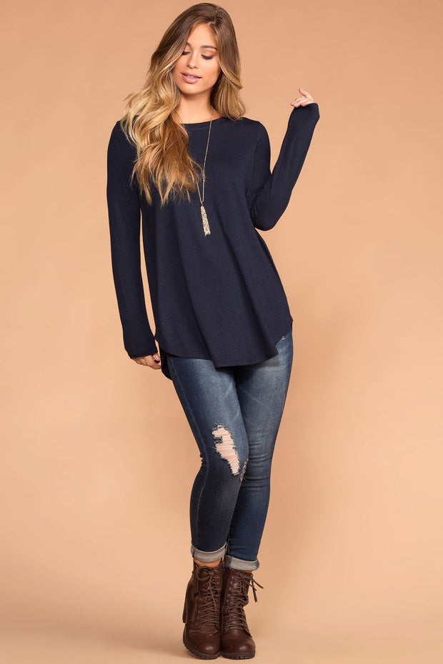 Priceless | Navy Round Neck Long Sleeve Knit Top | Womens