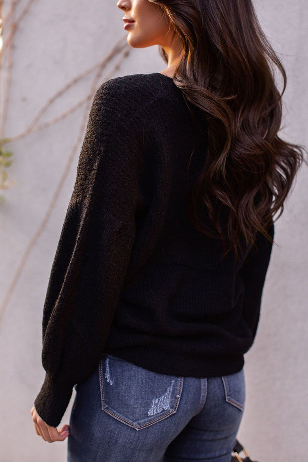  Black Balloon Sleeve Knit Sweater