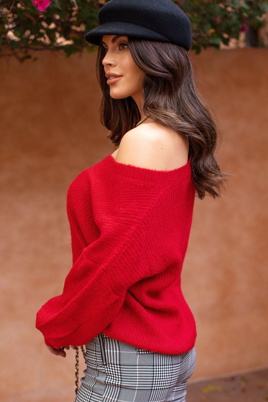  Red Balloon Sleeve Knit Sweater