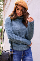 Teal Fuzzy Knit Turtleneck Sweater