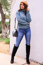 Teal Fuzzy Knit Turtleneck Sweater