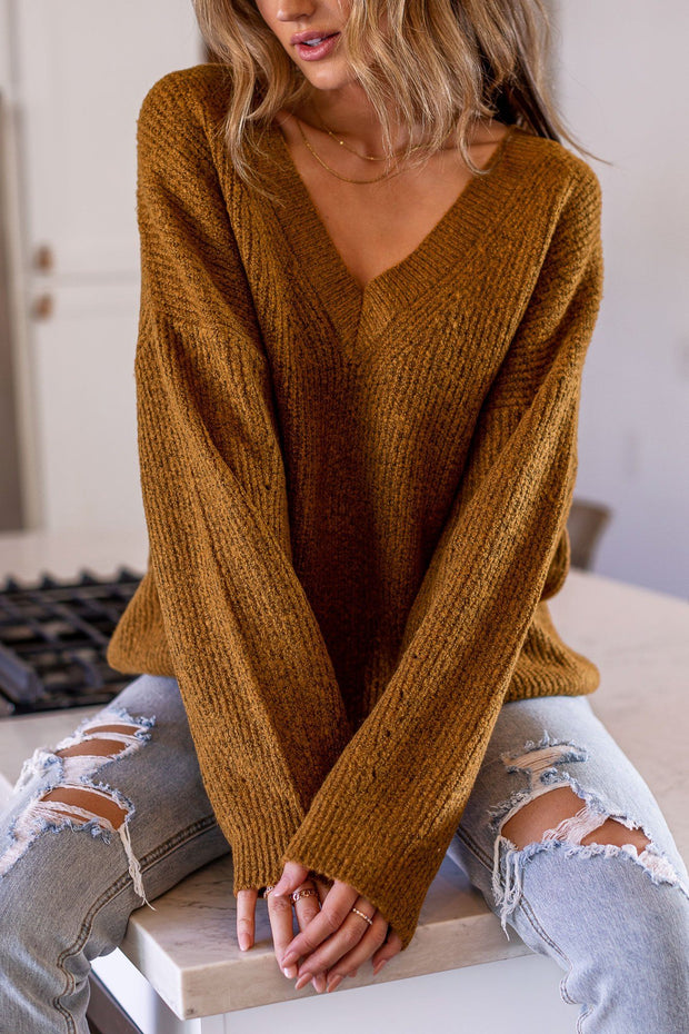Rust V-Neck Oversize Knit Sweater
