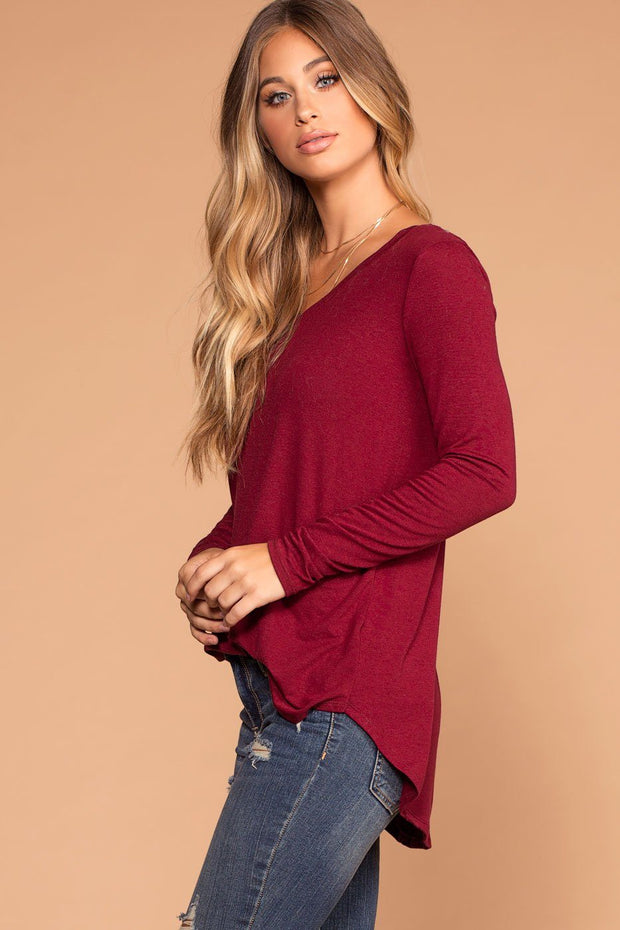 Missy Burgundy Long Sleeve V-Neck Top | Shop Priceless