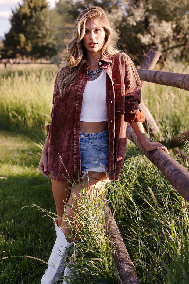 No Chill Rust Corduroy Shacket