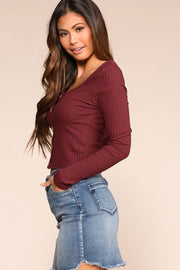 Optimistic Burgundy Button Long Sleeve Crop Top | Hearts & Hips