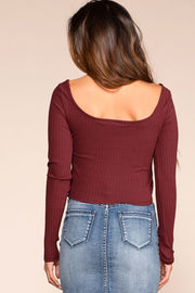 Optimistic Burgundy Button Long Sleeve Crop Top | Hearts & Hips