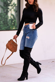 Black Crop Turtleneck Top