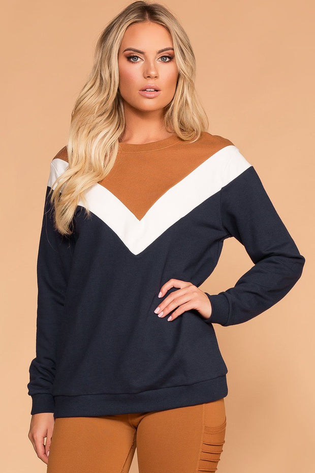 Navy and Coco Chevron Colorblock Sweatshirt | Mono B