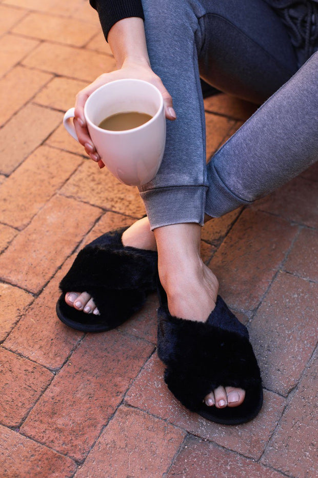 Black Faux Fur Slippers