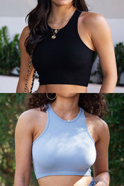 Light Blue and Black Ribbed Crop Tank Top Bundle