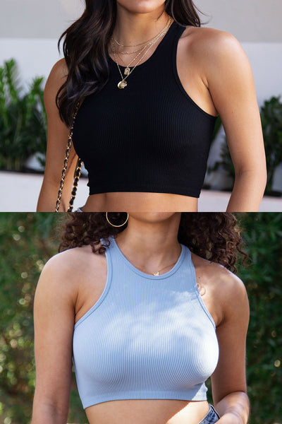Light Blue and Black Ribbed Crop Tank Top Bundle