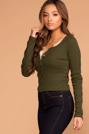 Snap It Olive Ribbed Long Sleeve Crop Top | Hearts & Hips