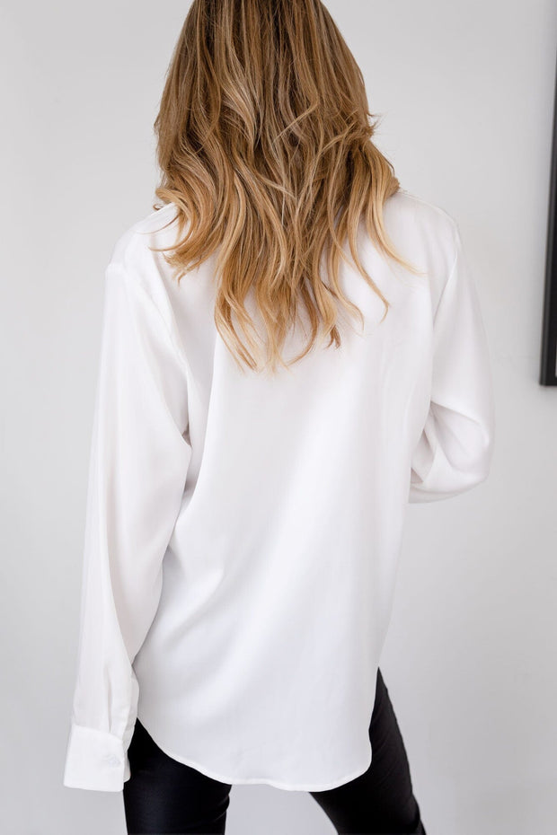 Spending Time White Satin Button Down Top