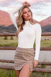 Taupe Plaid Slit Mini Skirt