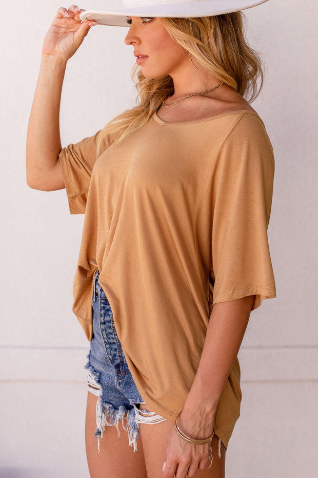 Camel Oversized V-Neck Top