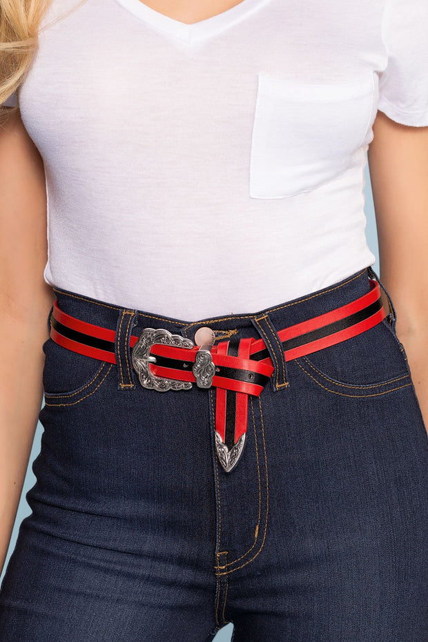 Black and Red Silver Buckle Belt