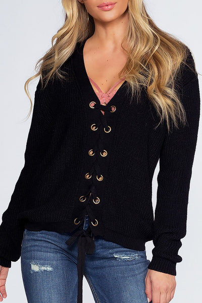 Lyla Lace Up Sweater - Black | Love Tree
