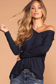 Missy Navy Long Sleeve V-Neck Top | Zenana
