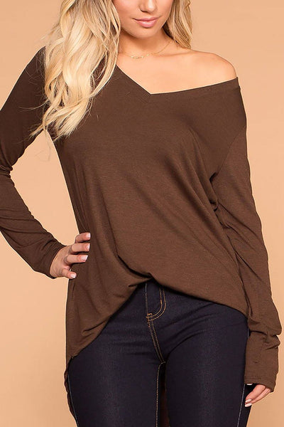 Missy Chocolate Long Sleeve V-Neck Top | Zenana