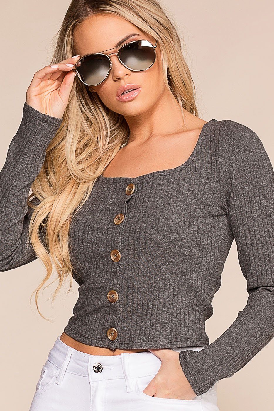 Optimistic Charcoal Button Long Sleeve Crop Top | Hearts & Hips