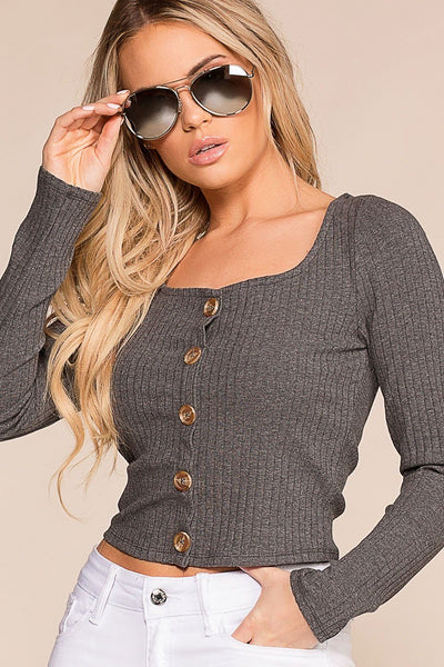 Optimistic Charcoal Button Long Sleeve Crop Top | Hearts & Hips