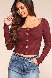Optimistic Burgundy Button Long Sleeve Crop Top | Hearts & Hips
