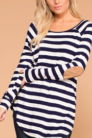 Callie Navy Striped Elbow Patch Top