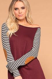 Erin Burgundy Stripe Sleeve Elbow Patch Top | Trend Notes