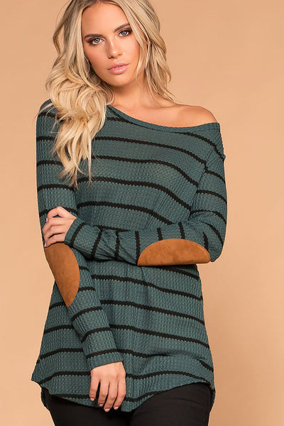 Libby Olive Stripe Elbow Patch Sweater | 7th Ray
