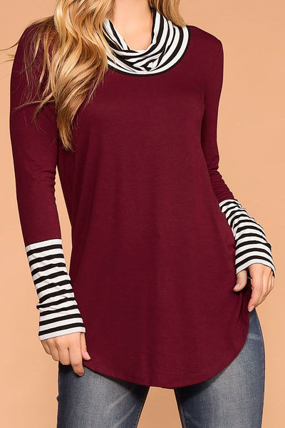 Liza Burgundy Stripe Turtleneck Top | Zenana