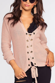 Lyla Lace Up Sweater - Light Mauve | Love Tree
