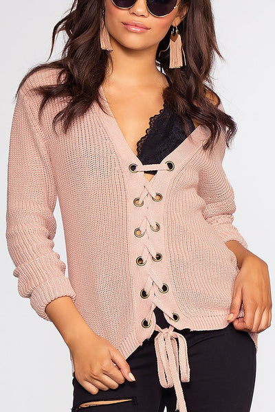 Lyla Lace Up Sweater - Light Mauve | Love Tree