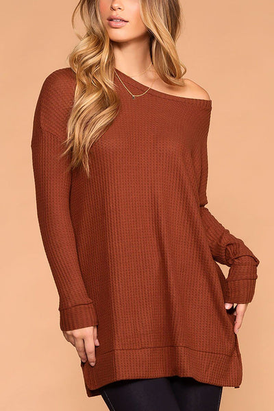 Maria Rust Waffle Knit Round Neck Sweater Top | Zenana