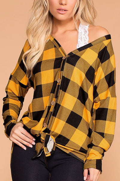 Mariel Mustard Plaid Tie-Front Top | Bibi