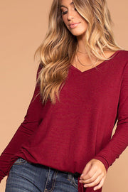 Missy Burgundy Long Sleeve V-Neck Top