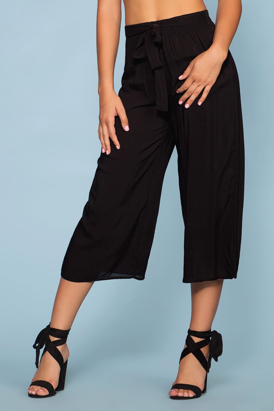 Pants - Sandy Wide Leg High Waist Culotte Pants - Black