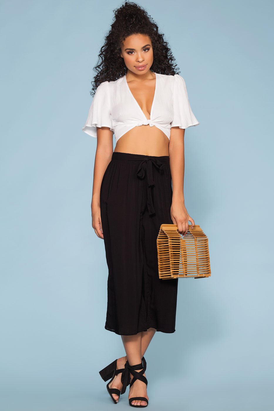 Pants - Sandy Wide Leg High Waist Culotte Pants - Black
