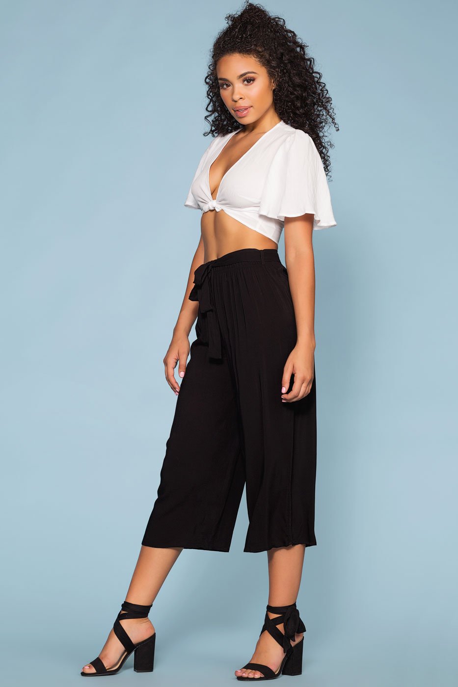 Pants - Sandy Wide Leg High Waist Culotte Pants - Black
