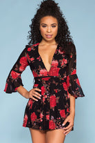 Rompers - Lost Garden Floral Bell Sleeve Romper - Black