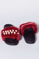 Shoes - Chanell Fur Slides - Burgundy